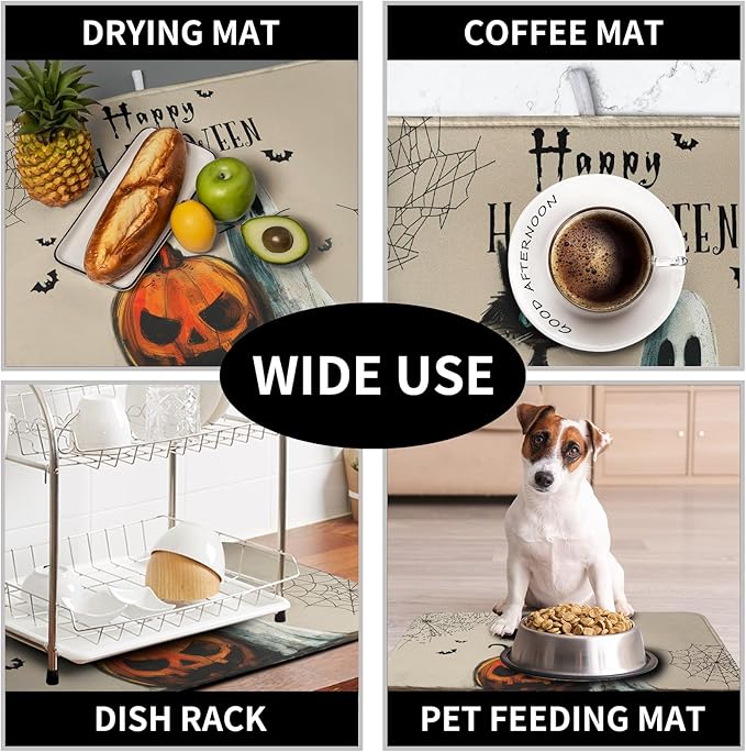 Happy Halloween Dish Drying Mat for Dishs 16x18 Inch Halloween Pumpkin Ghost Black Cat Kitchen Drying Mat Spooky Spiderweb Holiday Dish Drainer Mat Super Absorbent Dish Rack Pad for Coffee Bar Sinks