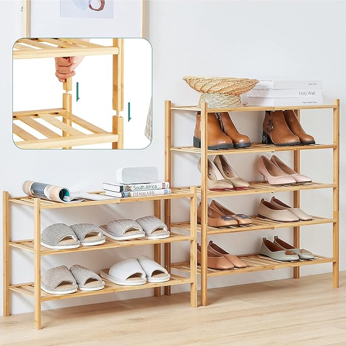 6-Tier Bamboo Shoe Rack for Entryway, Stackable | Foldable | Natural, Shoe Organizer for Hallway Closet, Free Standing Shoe Racks for Indoor Outdoor