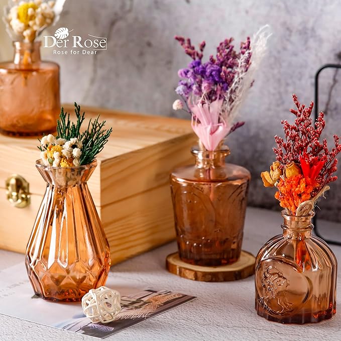 Der Rose Bud Vases in Bulk Glass Vase for Centerpieces Set of 12 Small Flower Vases Mini Vintage Vases for Rustic Wedding, Home Table Decorations (Amber)