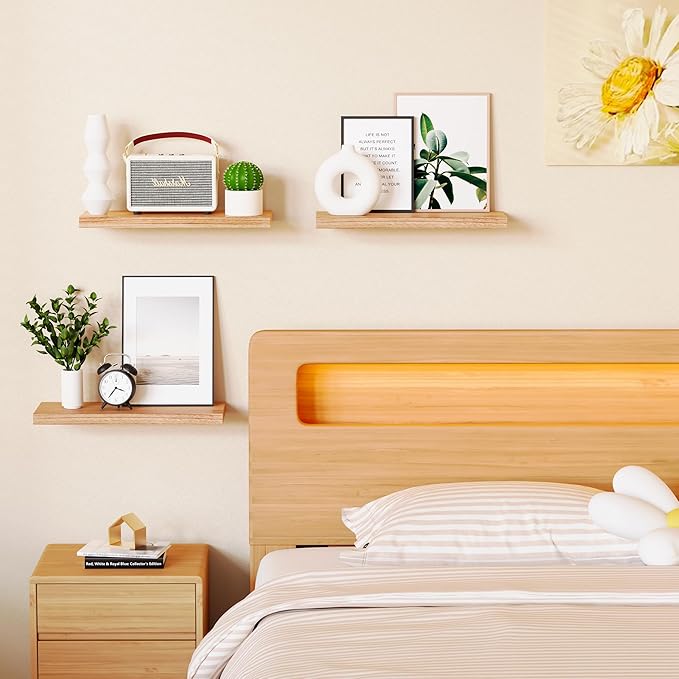 Greenual 3 Packs Floating Shelves, Nature Wood Wall Shelf, 16" Mounted for Kitchen, Living Room, Bedroom, Bathroom Storage, Book Shelf for Home Decor, Frame Display