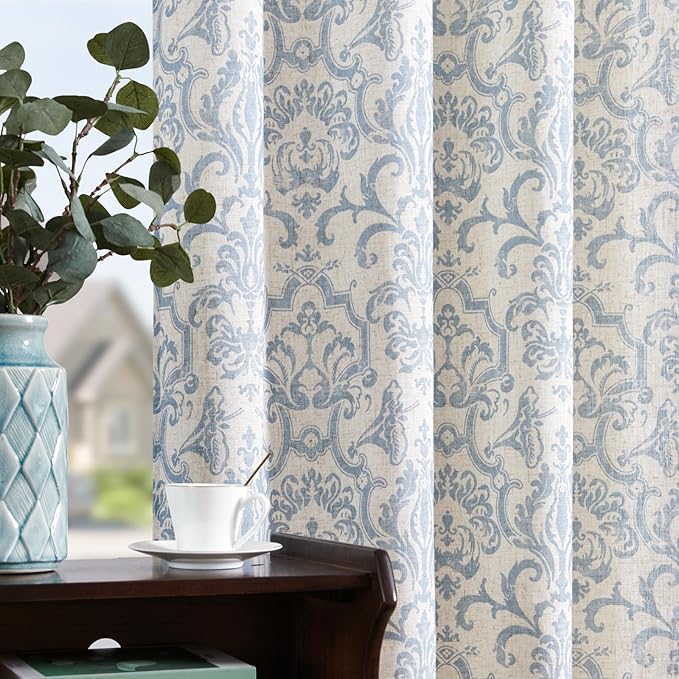 jinchan Linen Curtains for Bedroom Blue Curtains Damask Patterned 84 Inches Long for Living Room Light Filtering Vintage Curtains Baroque Style Drapes Grommet Window Treatments 2 Panels Set