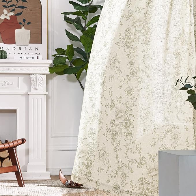 jinchan Linen Blend Curtain Floral Curtains for Living Room 90 Inch Length Sage Green Printed Curtain Rod Pocket Back Tab Farmhouse Peony Flower Patterned Drapes Bedroom Window Curtains Set 2 Panels