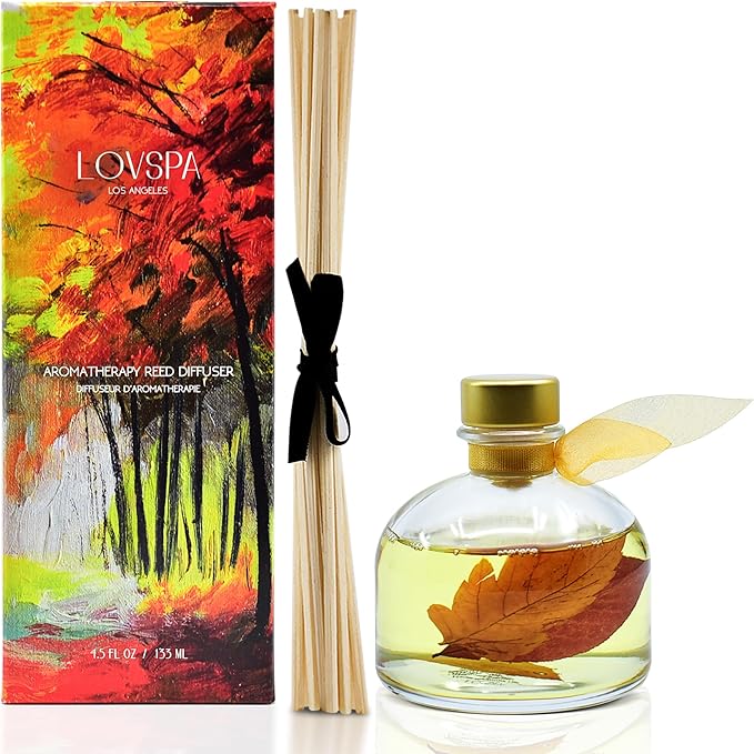 LOVSPA Sugar & Spice Autumn Scented Reed Diffuser Set - Real Cinnamon Sticks & Maple Leaf! Cinnamon, Buttery Vanilla & Sugar Crystals - Fresh Baked Cookies Scent! Fall Decor for Your Home