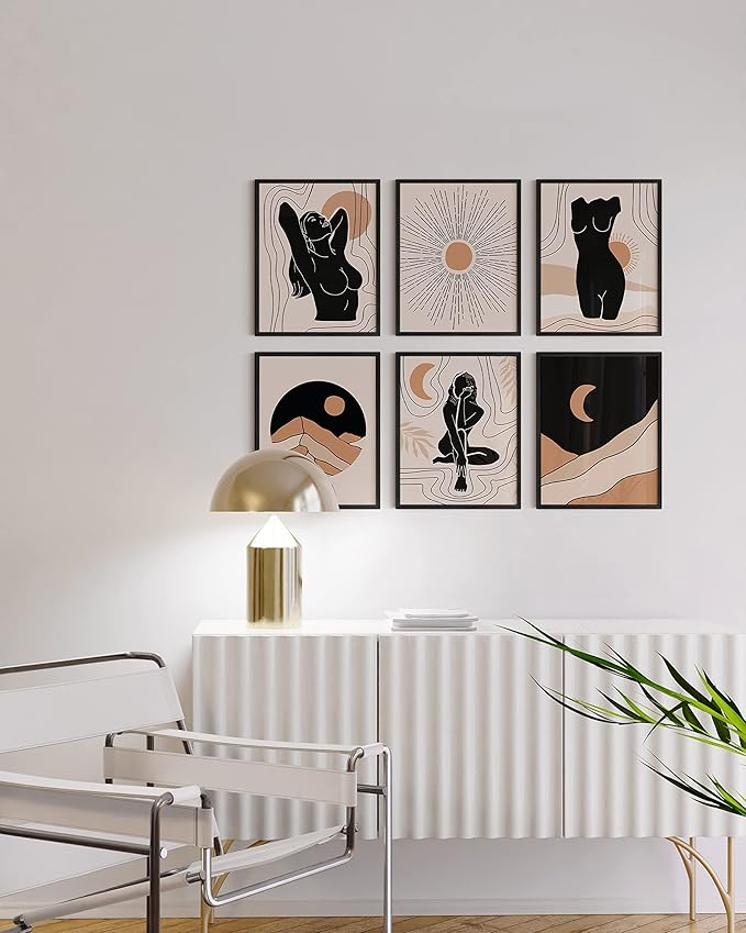 HAUS AND HUES Boho Neutral Wall Art - Set of 6 Boho Mid Century Modern Wall Art | Aesthetic Prints for Wall, Bohemian Wall Decor (11x14 Unframed)