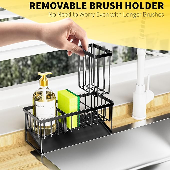 Cisily Kitchen Sink Caddy Organzier with High Brush Holder, Sponge Holder for Sink, 304 Rustproof Stainless, Kitchen Countertop Soap Dispenser Organizer, Kitchen Decor and Accessories