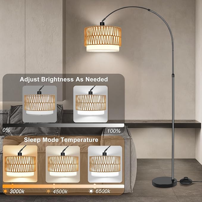 Rattan Floor Lamp for Living Room Arc Boho Floor Lamp with Rattan & Linen Double Shades Adjustable Tall Wicker Lamps with 3 Color Temperatures for Bedroom Office Reading,Black