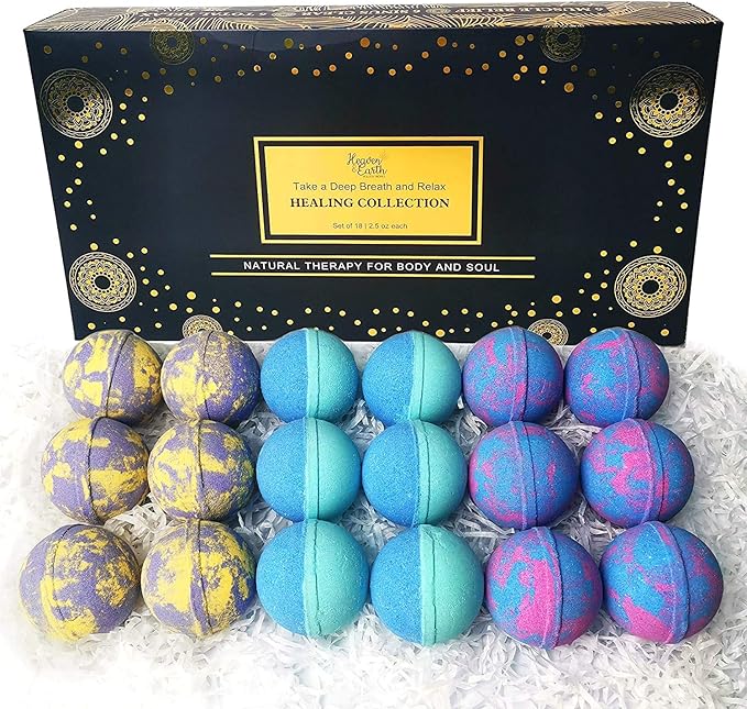 Aromatherapy Bath Bomb Set for Women & Men! Healing Essential Oil Bath Bombs Gift Box with 18 Large Natural Moisturizing Bath Fizzies Bulk Wrapped BathBomb Gift Set for Dry Skin