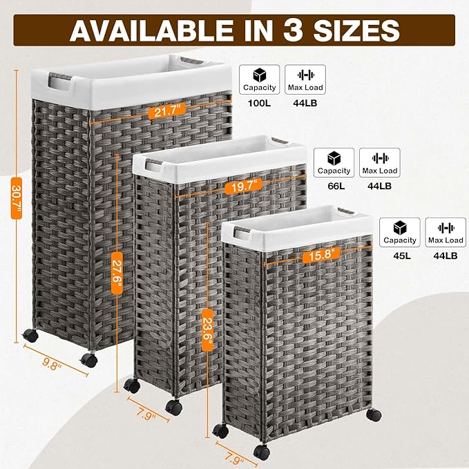 Greenstell Laundry Hamper with Wheels & Handles, 26.4 Gallon (100L) Slim Laundry Basket with 2 Removable Liner Bags & 2 Mesh Bags, Foldable Narrow Clothes Hamper for Bedroom, Bathroom, Closet, Grey