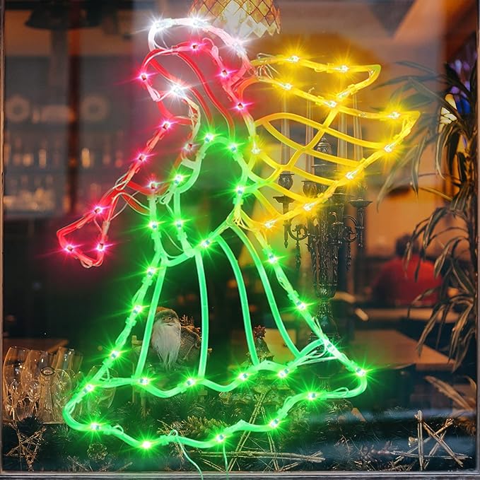 16" Christmas Window Silhouette Lights Decorations - 4 Pack Colour Lighted Angel & Nativity & Bethlehem Star & Candle for Holiday Indoor and Outdoor Wall Door Window Decorate