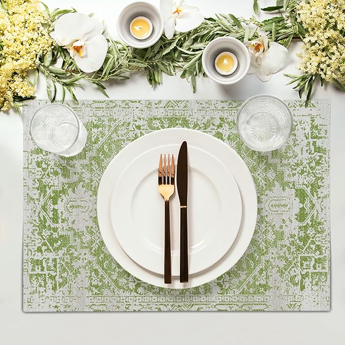 Gray Lime Green Boho Placemats Set of 6 Ethnic Bohemian Carpet Place Mats Washable Kitchen Dining Vintage Grey Geography Floral Linen Table Mats Stain Heat-Resistant for Home Party Indoor 12x18 in