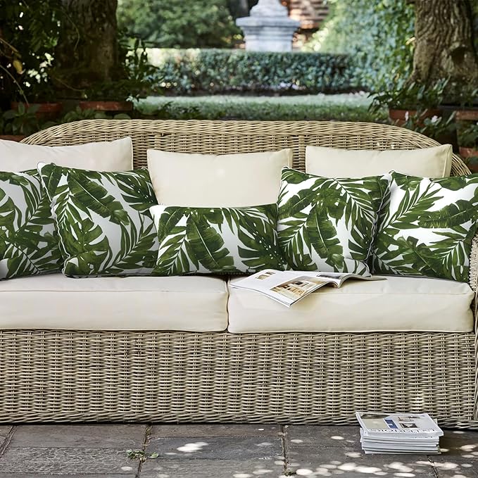 LVTXIII Outdoor Pillow Covers Set of 2, Patio Waterproof Throw Pillow Cases Fade Resistant Accent Pillow Covers for Spring Summer Garden Decoration, 16x16, Palms Green