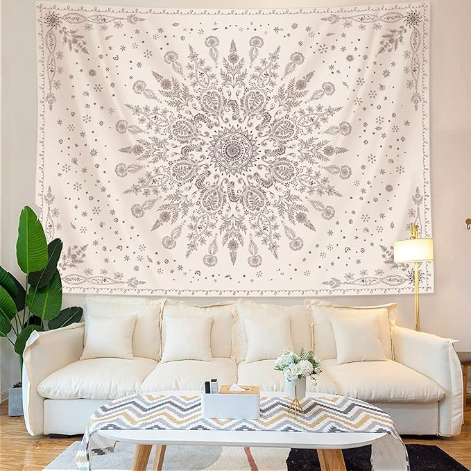 Lunerfex Boho Floral Tapestry Mandala Wall Tapestry, Cute Tapestries for Bedroom Beige Flower Tapestries Wall Hanging for Bedroom Living Room Wall Decor Beige-1 60"x80"