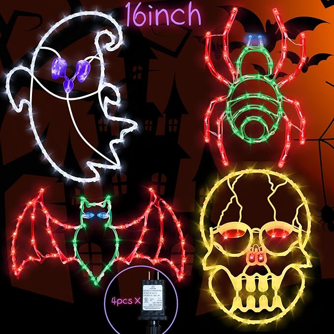 Halloween Window Lights - 16" Halloween Window Silhouette Holiday Displays - 4 Pack Colour Lighted Bats & Ghost & Spider & Skull Head for Holiday Indoor and Outdoor Wall Door Window Decorate