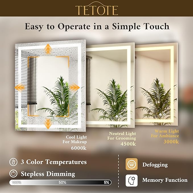 TETOTE LED Bathroom Mirror 24 x 36 Brighter Light up Mirror with Lights, Front and Backlit Lighted Mirror for Bathroom 3-Color Dimmable Led Vanity Illuminated Anti Fog Wall Mirror, Tempered Glass