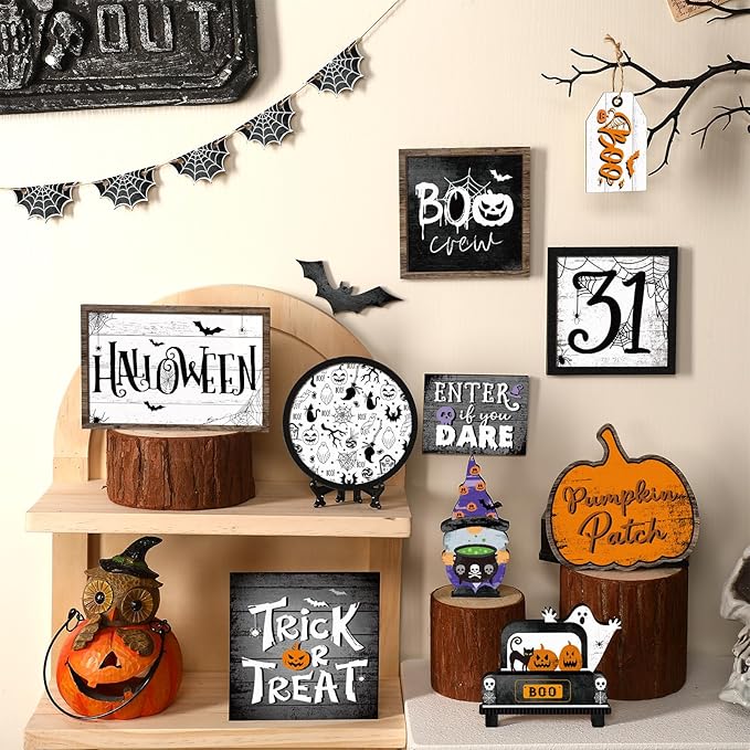 14 Pcs Halloween Tiered Tray Decorations Set Ghost Halloween Wooden Signs Rustic Farmhouse Pumpkin Boo Trick or Treat Blocks Table Sign Decorations for Home Party Favors