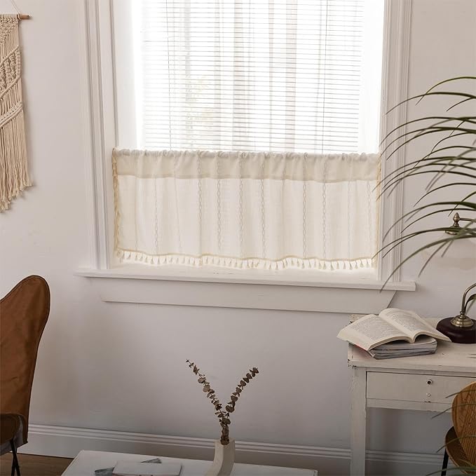 Sutuo Home Boho Valance Curtains 18 inches for Kitchen Cafe Dining Room, Short Farmhouse Vintage Tassels Window Treatment Bohemian Stripe Embroidery Drape, Rod Pocket 1 Panel 52" W x 18" L, White