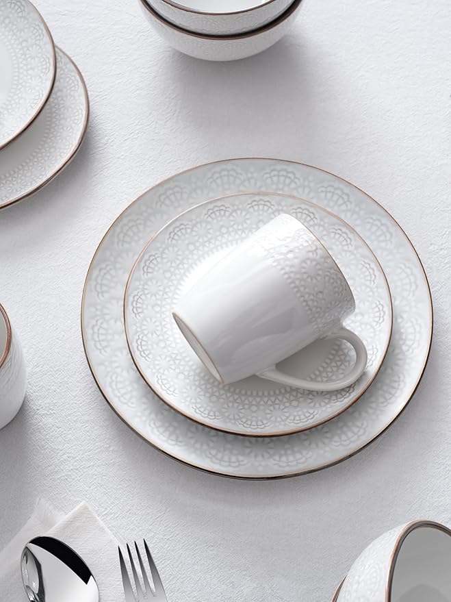 Famiware Eden Plates and Bowls Sets, Stoneware Dinnerware Sets with Gold Trim, 12 Pieces Dishes Set for 4 - Chip and Scratch Resistant, Microwave and Dishwasher Safe, White Floral