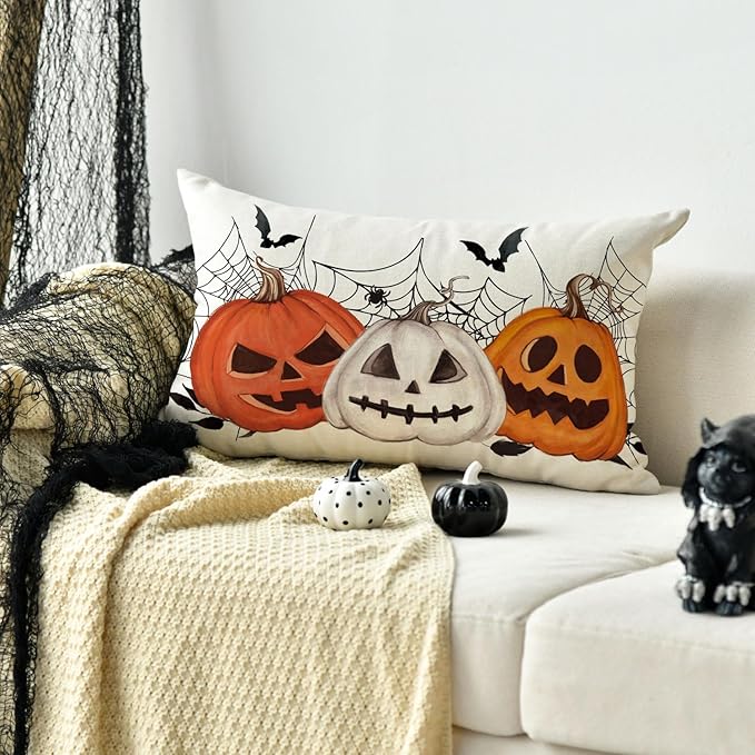 AVOIN colorlife Halloween Pumpkin Jack-O'-Lanterns Bat Throw Pillow Cover, 12 x 20 Inch Holiday Farmhouse Cushion Case Decoration for Sofa Couch