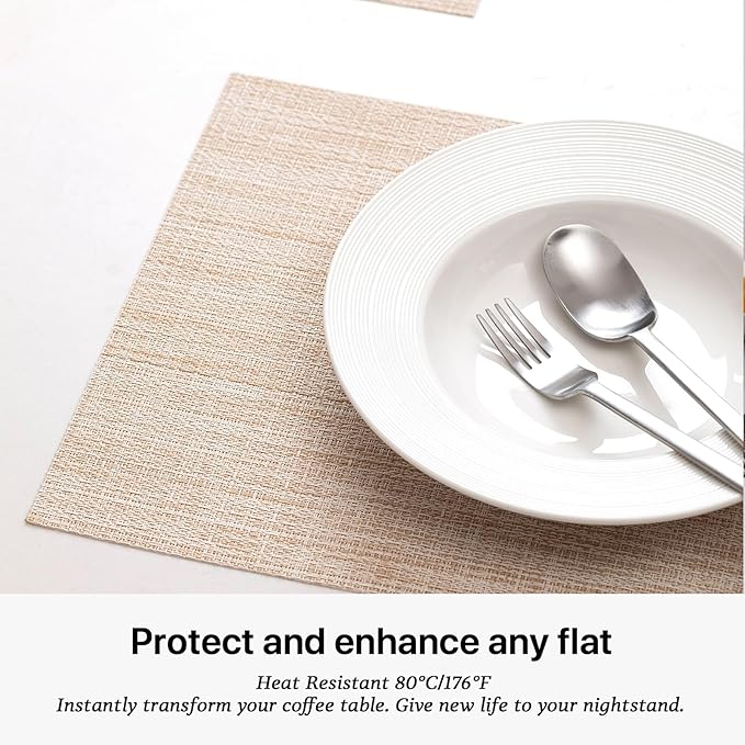 LEXMORE PVC Woven Placemats 6 PCS Wipeable Indoor/Outdoor Table Mats Washable Vinyl Place Mat for Dining Table, Set of 6-Beige White