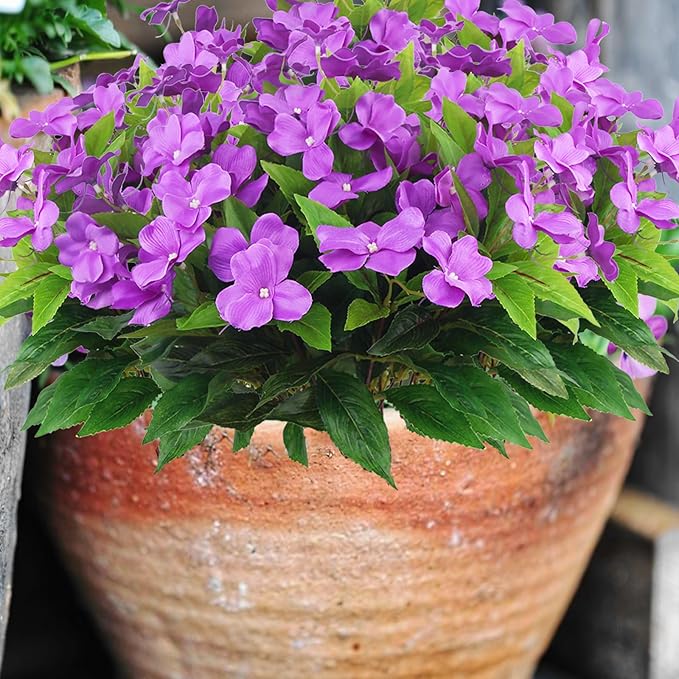 4 Pcs Artificial Flowers Outdoor Impatiens UV Resistant Silk Impatiens Flowers Purple Faux Flowers Impatiens Bushes Artificial Impatiens for Pot Patio Lawn Garden Hanging Basket Porch Decor