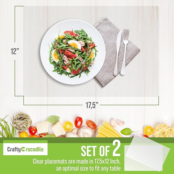 CraftyCrocodile Clear Plastic Placemats Set of 2 - Vinyl Table Protector for Dining, Kitchen, Office, Painting Table, Shelves - Heat Resistant, Crystal Clear, Wipeable Place Mats - 17.5x12