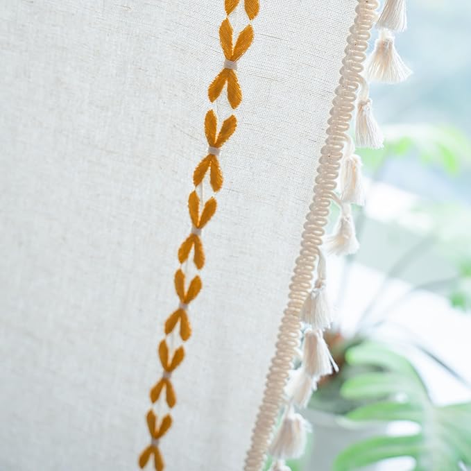 Sutuo Home Boho Curtains for Living Room Bedroom, Semi Blackout Farmhouse Vintage Shabby Chic Tassels Window Treatment Bohemian Embroidery Drape, Rod Pocket 1 Panel 52" W x 96" L, White and Gold