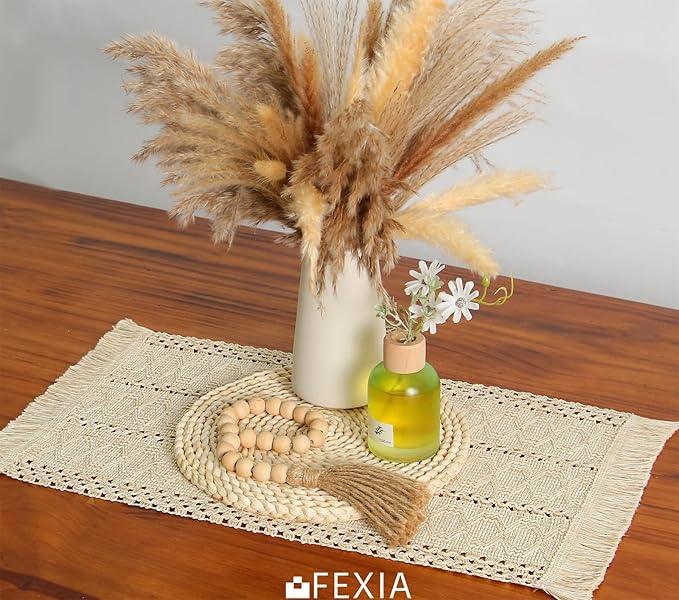 FEXIA Boho Placemats Set of 6, Macrame Table Decor and Farmhouse Style Placemats Natural Cotton Burlap, for Dining Table, Beige