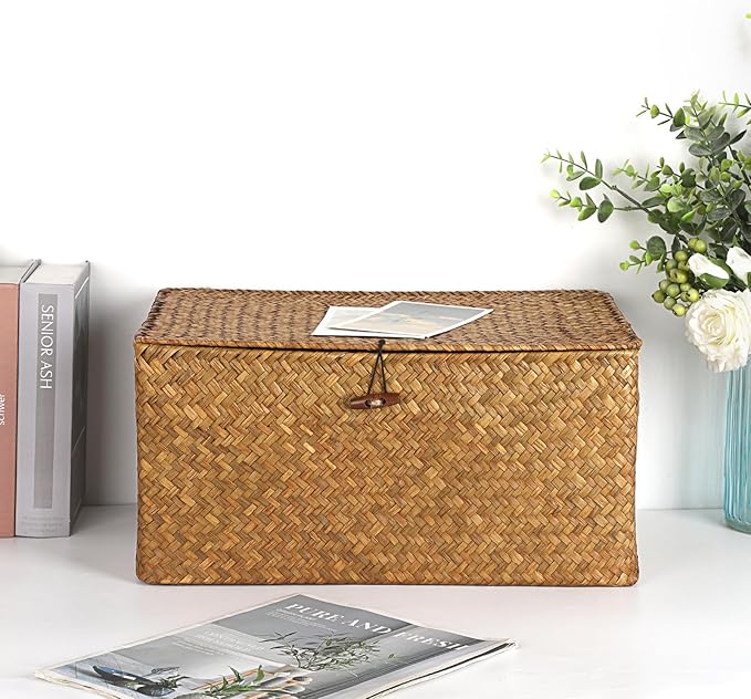 Hipiwe Wicker Shelf Baskets Bin with Lid, Handwoven Seagrass Basket Storage Bins Rectangular Household Basket Boxes for Shelf Wardrobe Home Organizer, Caramel X-Large