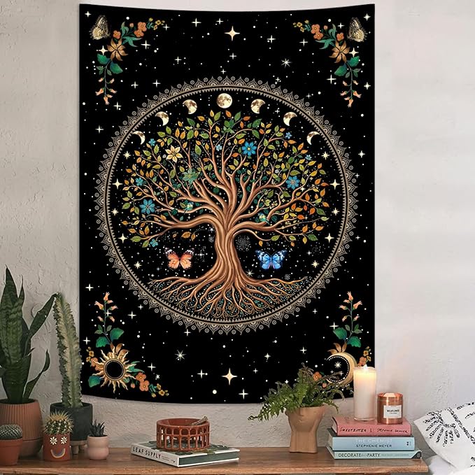 Lunerfex Tree of Life Tapestry Moon Phase Wall Tapestry, Green Tapestries for Bedroom Ceiling Tapestries Wall Hanging for Bedroom Living Room Wall Decor Tree-4 60"x80"