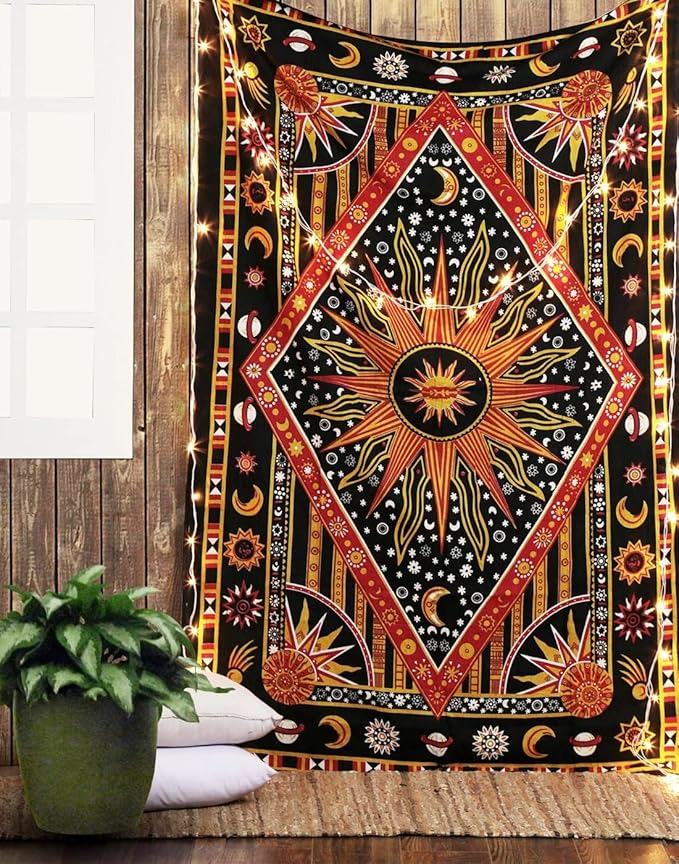 RAJRANG Large Orange Tapestry Wall Hanging 84x90 Inch Celestial Sun Moon Star Planet Spiritual Aesthetic Tapestry for Bedroom Dorm Decor