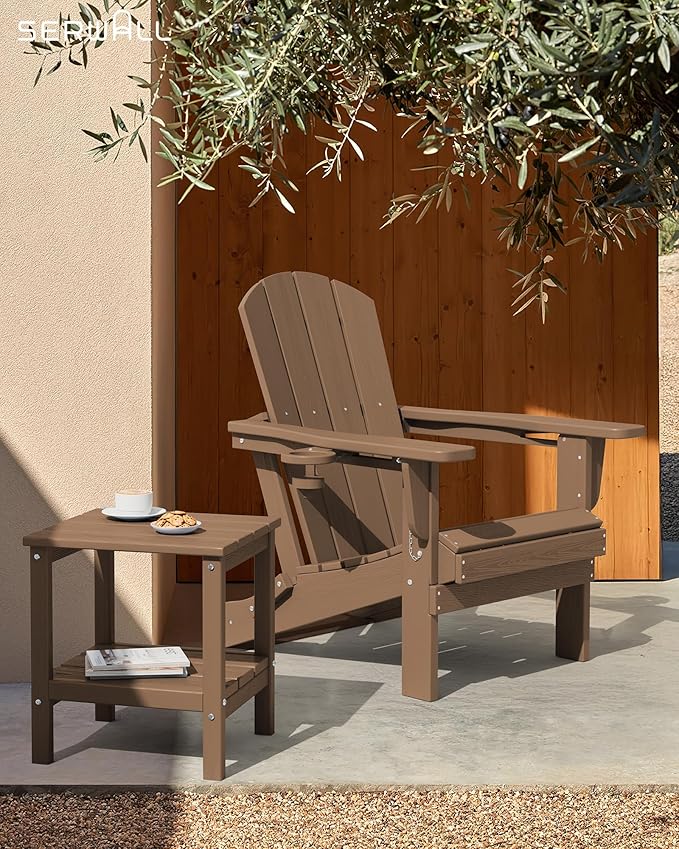 SERWALL 2-Tier HDPE Outdoor Side Table, Weatherproof Rectangular Adirondack Side Table, Brown