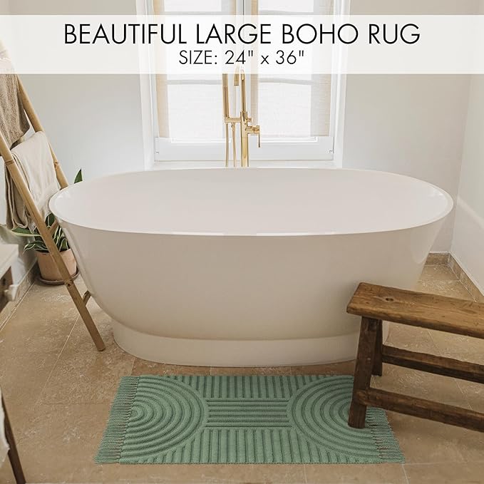 KIBAGA Beautiful Boho Rug with Tassels for Your Bathroom - Soft 2 x 3 ft. Cotton Rug Fits Perfectly Into Your Bath - Washable, Non-Slip Mat Ideal to Enhance Any Modern Home Decor, 24 x 36 inch