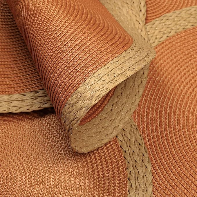 Noctiflorous Round Braided Placemats Set of 6 Table Mats 15 Inches Washable Heat Resistant for Dining Table Non-Slip Indoor Outdoor Place Mats for Thanksgiving Christmas Easter(Orange Wide Edge 6)