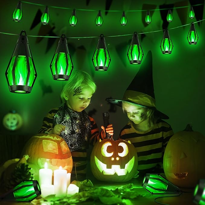iBaycon Solar Halloween Lights, 42Ft 15 LED Bulbs Flickering Flame String Light, Outdoor Waterproof Solar Flame Lights for Garden Yard Patio Halloween Decorations (Green)