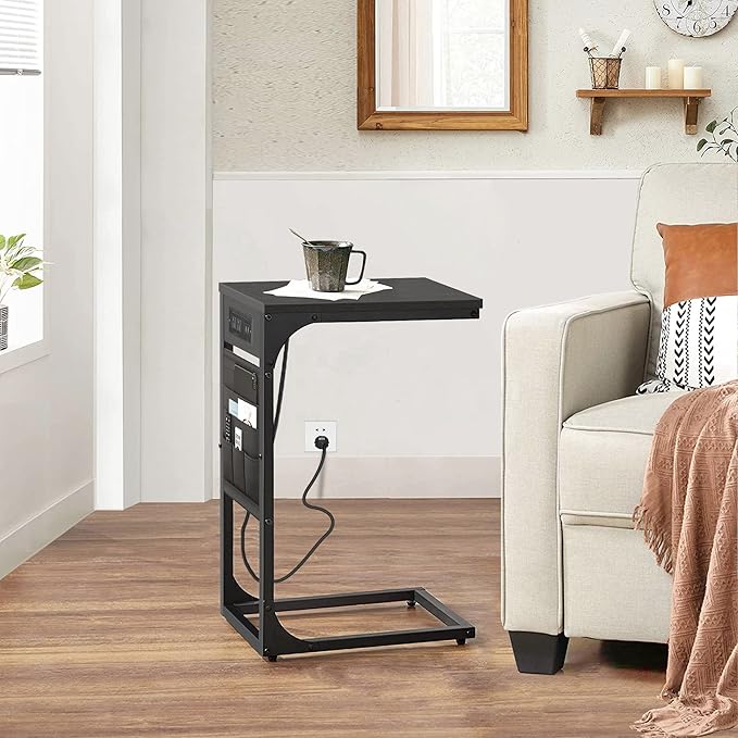TUTOTAK C Shaped End Table with Charging Station, Side Table for Sofa and Couch with Storage, TV Tray Table with 2 USB Ports & Outlets - Black TB01BK024
