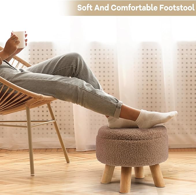 Ottoman Foot Rest, Small Round Ottoman with Storage, Boucle Teddy Velvet Footstool with Wood Legs, Soft Sponge Storage Ottoman for Living Room, Bedroom, Couch, Enterway (Camel Brown)