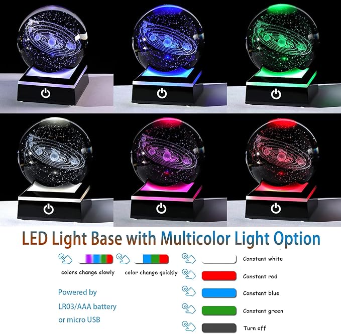 Ornalrist 3.15" K9 Crystal 3D Solar System Ball with Black LED Colorful Lighting Touch Base, Engraving Solar System Star Planet Model Decor, Science Universe Astronomy Gifts for Astronomy Lovers