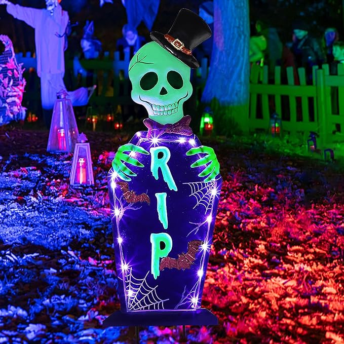 Joliyoou Halloween Yard Stake, 26.4" Solar Lighted Metal Tombstone with Glow in The Dark Ghosts, 18 LED Purple Lights Spooky Yard Sign for Outdoor Front Door Yard Lawn Garden Decorations