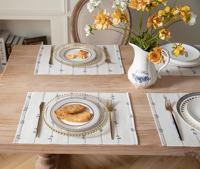 Boho Placemats Set of 6 for Dining Table Decor, Woven Cloth Place Mats for Farmhouse Rustic Kitche Home Decor, Cotton Placemats 13 x 19 Inch, Grey and Beige Table mats