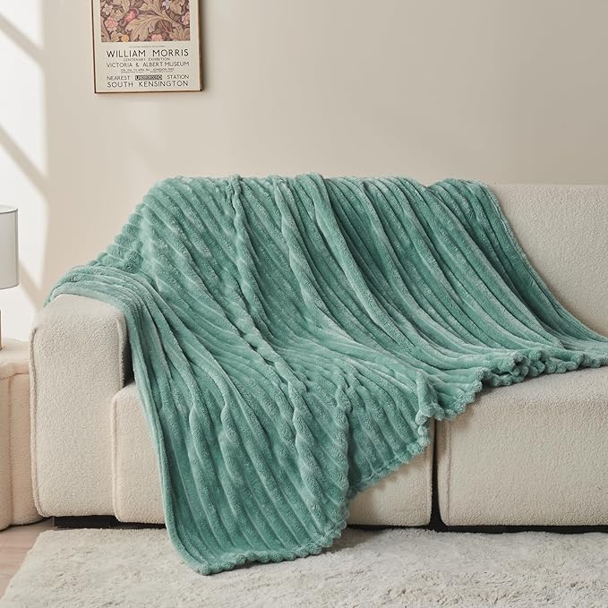 NEWCOSPLAY Super Soft Throw Blanket Mint Green Premium Silky Flannel Fleece 3D Ribbed Jacquard Lightweight Bed Blanket All Season Use (Mint Green Ribbed, Throw(50"x60"))