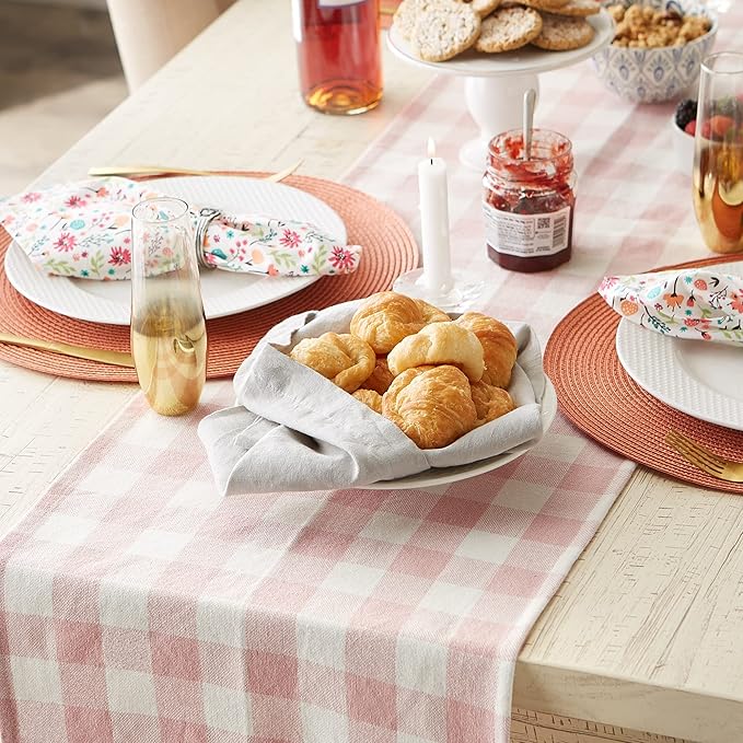 DII Heavyweight Fringed Check Tabletop Collection, Table Runner, 14x72, Pale Mauve