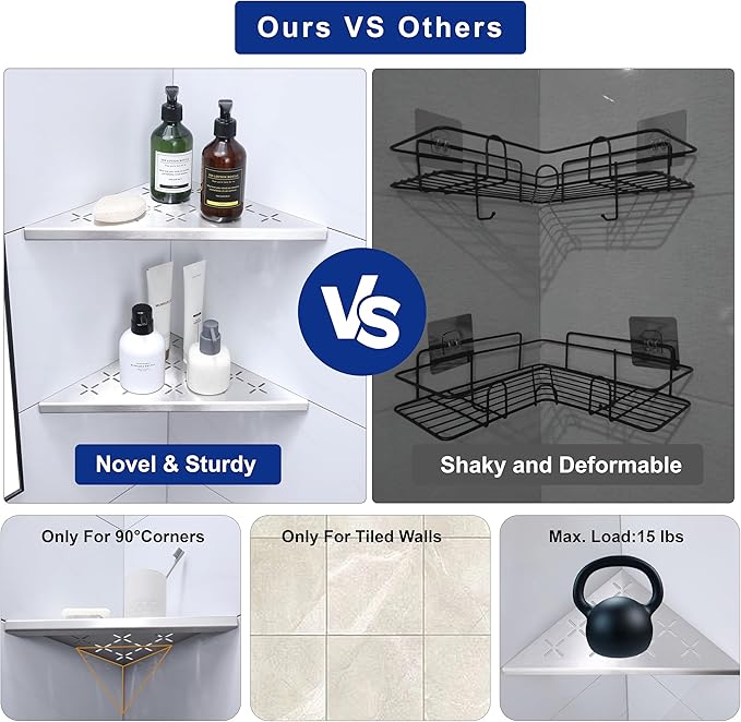 12" Corner Shower Shelf, 2-Pack Shower Shelves SUS304 Stainless Steel Bathroom Shelves for Tile Walls, Recessed Corner Shelf Organizer Rack, Large Size (Brushed)