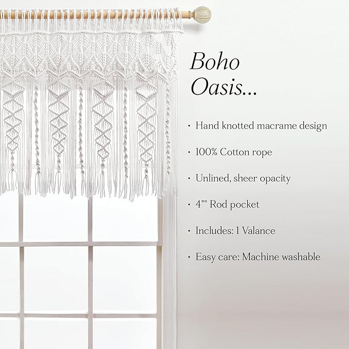 Lush Decor Boho Macrame Textured Cotton Valance, 40" W x 30" L, White - Boho Kitchen Curtains & Wall Decor - Macrame Valance - Bathroom Window Curtains