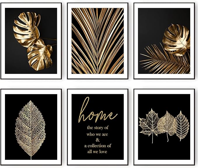 HoozGee Gold Leaf Art Prints Modern Black Gold Botanical Tropical Plant Leaves Art Wall Pictures Canvas Prints Gallery Wall Art Poster Wall Decor Bedroom Room Home Decor (11"x14" UNFRAMED)