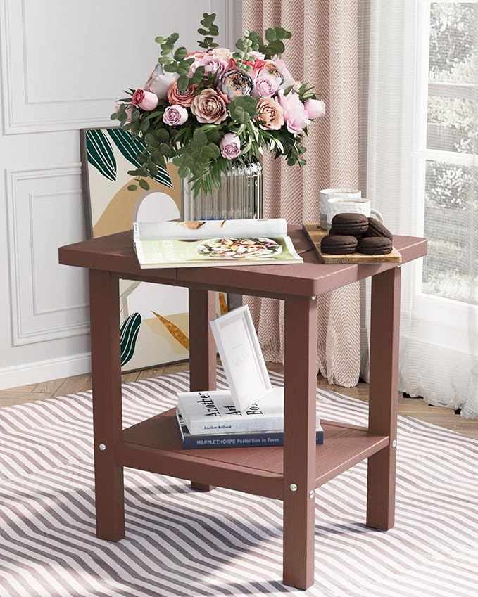 2-Tier Adirondack Square Outdoor Side Table, Pool Composite Patio Table, Weather Resistant End Table for Patio, Backyard, Pool, Easy Maintenance - Brown