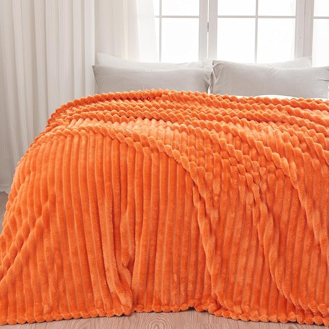 NEWCOSPLAY Super Soft Fall Twin Blanket Orange Premium Silky Flannel Fleece 3D Ribbed Jacquard Lightweight Bed Blanket All Season Use (Orange Ribbed, Twin(60"x80"))
