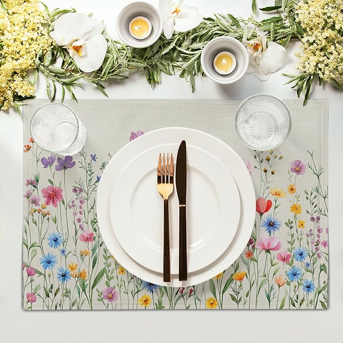 Giwawa 4PCs Spring Floral Placemats Summer Wildflowers Place Mat 12x18 Inch Watercolor Herb Flowers Washable Heat Resistant Table Mats for Kitchen Dining Party Picnic Seasonal Decor