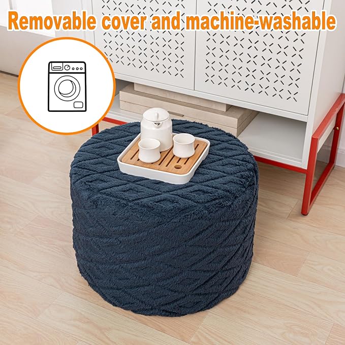 Fluffy Round Ottoman Pouf with All-in-One Foam Filling 20" x 14" Furry Ottoman Foot Rest Foot Stool for Living Room or Bedroom (Navy Blue)