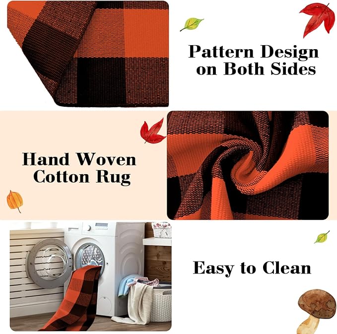 Buffalo Plaid Rug 28 x 43 Inches Fall Outdoor Front Door Decor Mat, Cotton Washable Hand-Woven Rug for Layered Doormat, Autumn Halloween Thanksgiving Carpet for Porch (Orange and Black Plaid)