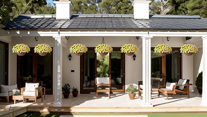 Artificial Hanging Flowers with Basket, Faux Silk Petunias Flower Arrangement, Coconut Lining with Morning Glories Fake Plants Patio Garden Porch Deck Spring Summer Decor(Yellow and White)